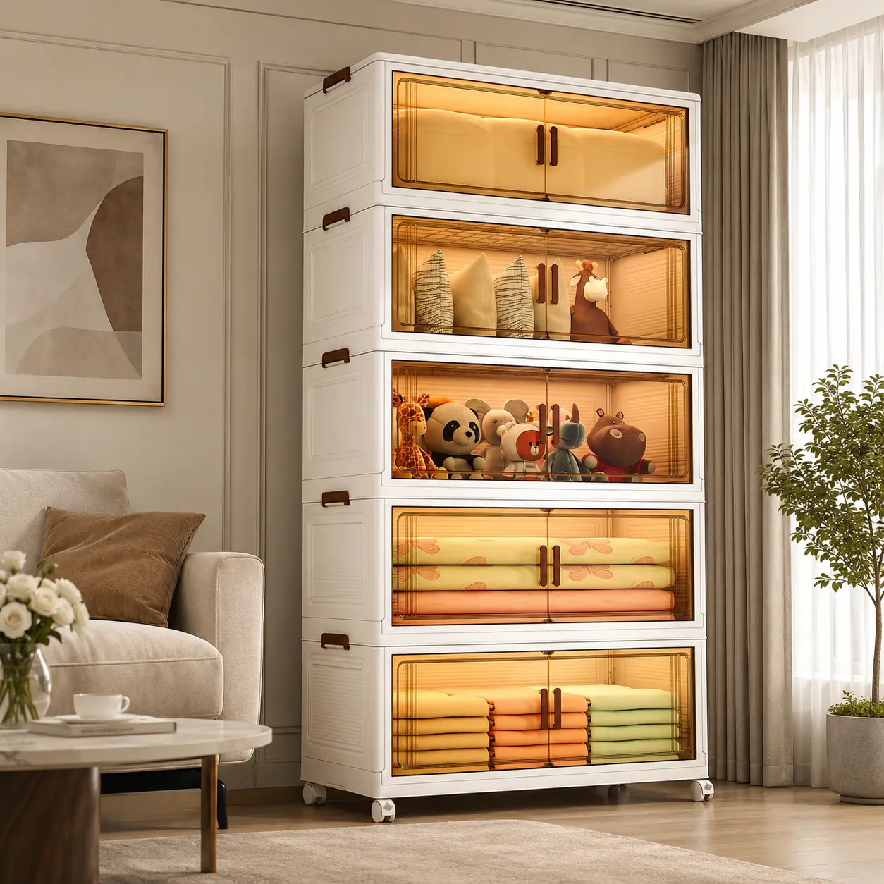 60.6" Tall 4-Tier Extra Large Stackable Plastic Storage Cabinet with Doors, Lids & Wheels - Tool-Free Assembly Foldable Space Organizing Vertical Rack, Organizer Box Living Room Furniture for Home