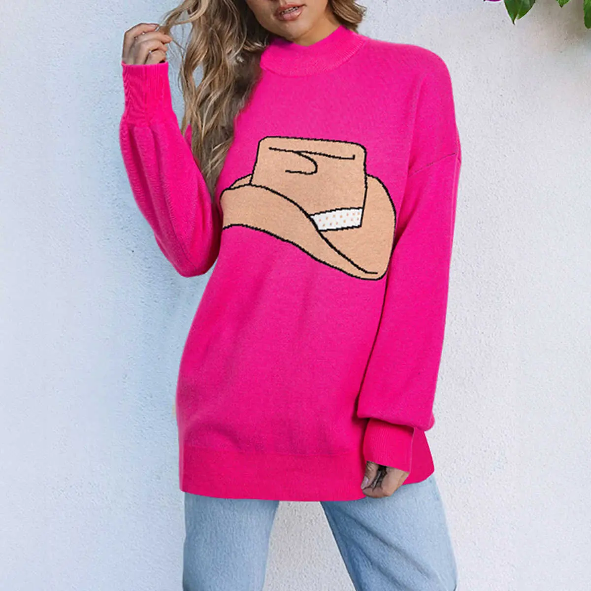 Rose Red YEEHAW Cowboy Hat Drop Shoulder Oversized Sweater