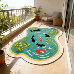 1pc Simple Fresh Irregular Living Room Bedroom Carpet, Creative Lotus Water Grass Koi Fish Pattern, Soft Plush Rug, Home Decor Balcony Mat, Modern Area Rug, Decorative Rug, Indoor Modern Rug