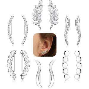 FIBO STEEL 6 Pairs Stainless Steel Clip Earrings for Women Cuff Earrings Stacking Set Leaf Feather Linear Wave Ear Pin Fashion Non Tarnish Jewelry Accessories Design Decoration summerwins