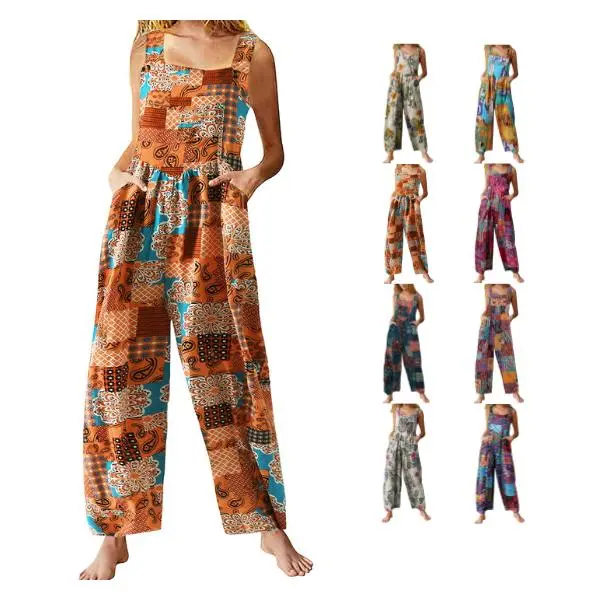 JovenPara Women's Strappy Sleeveless Patchwork Bib Overall - Casual Comfy Boho Floral Print Wide-Leg Jumpsuit with 2 Pockets, Jumpsuits for Women, Boho Clothes, Casual Comfy Jumpsuit