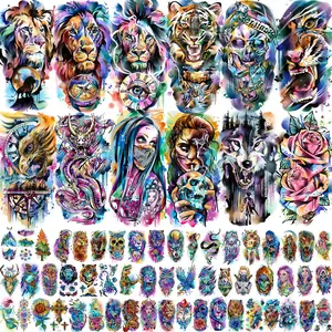 66 Sheets Watercolor Temporary Tattoos For Men Women Forearm Shoulder Legs Body Arm, 12 Sheets Long Lasting Lion Tiger Wolf Dragon Ealge Fake Tattoo Sleeve Adults, 54 Sheets Groovy Small Tatoos Kids