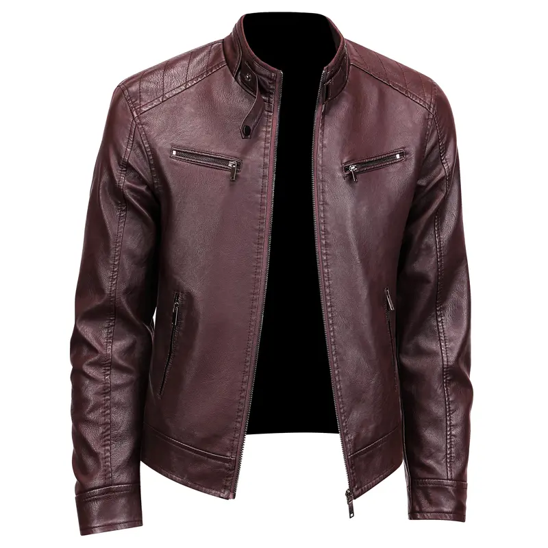 Men’s stand collar motorcycle leather jacket, American retro motorcycle style, soft, wear resistant faux leather fabric, shoulder yoke stitching and line detailing, multiple zippered pockets, reinforced stand collar buttons, slim, streamlined fit, suitabl
