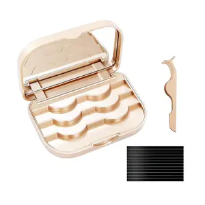 False Eyelash Storage Case with Mirror Lash Organizer Holder Box Empty Makeup Cosmetic Travel Case and Eyelash Tweezers Lash Container (Gold) Compact Smooth