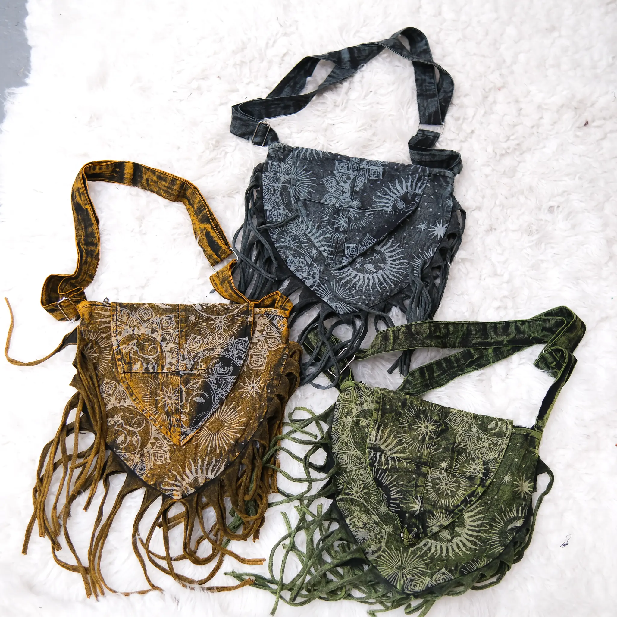 Stone Washed Cotton Celestial Fringe Crossbody Bag , Boho Moon & Sun Print Hippie Festival Bag, Celestial Print Bohemian Bohemian Bag, Ren Faire Bag