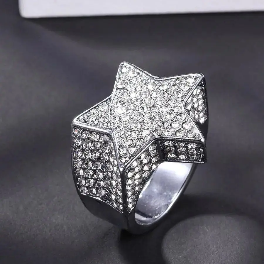 Miami Popular Design Hip Hop Iced Out Copper Pentagram Star Ring for Men