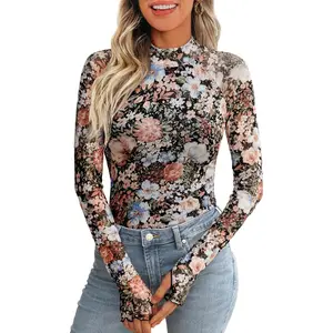 Women's Floral Mesh Long Sleeve Sheer Lace Blouse with Faux High Neck, Fall Outfits 2025 SpringStatements