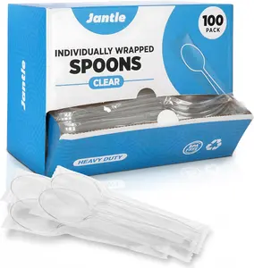 Individually Wrapped Heavy Duty Plastic Spoons with Dispenser Box - 100 Pack - Disposable Utensils for Home, Office, Restaurant, Catering, To-Go Meals