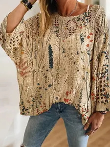 Women's Boho Floral Print Knit Top Blouse Long Sleeve, Casual Elegant Vacation Style, Comfortable Breathable Loose Fit, Batwing Shoulder Design, Spring Summer Fall Fashion, Womenswear