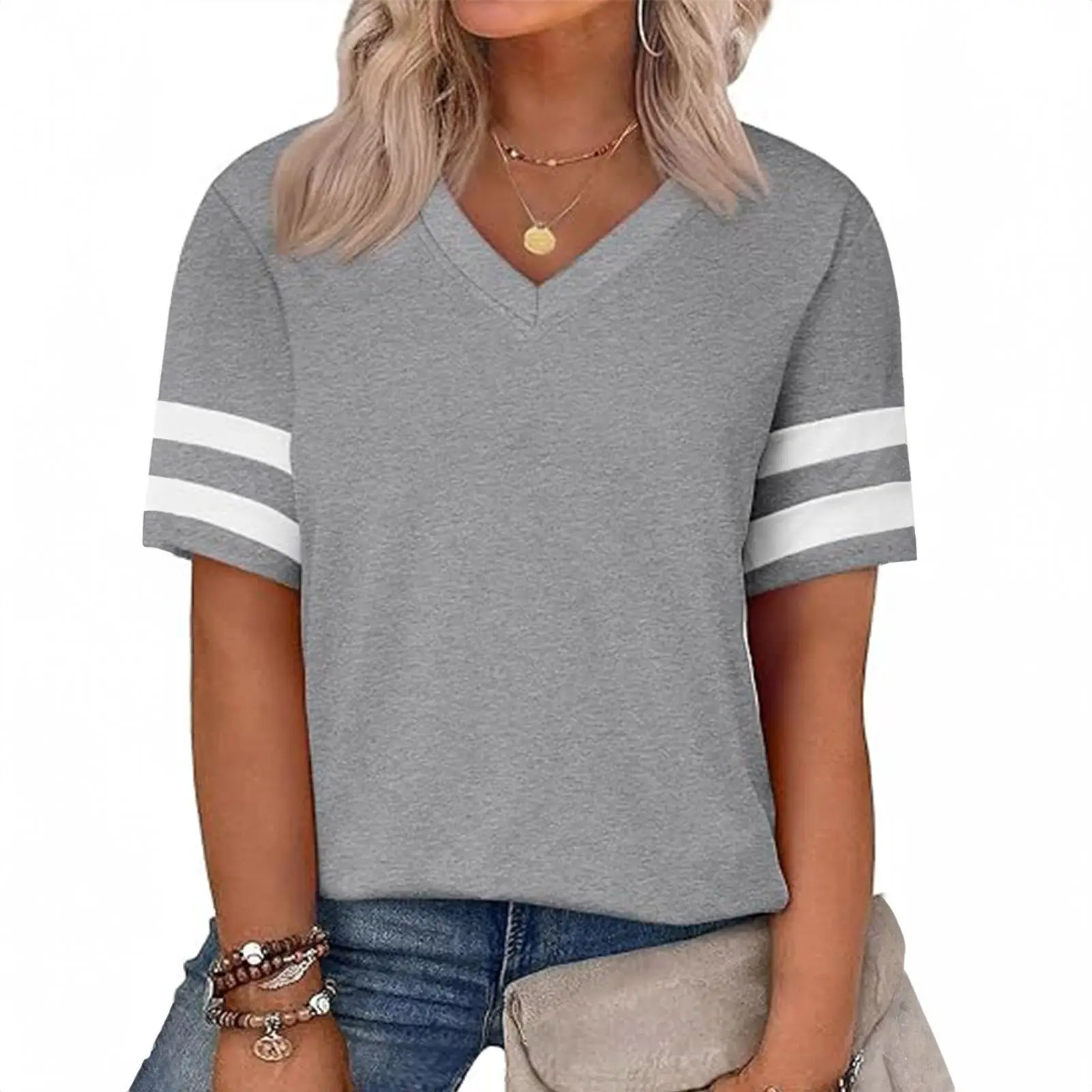 Eytino Women Plus Size Tops V Neck Short Sleeve Striped Casual Loose Blouse Shirts with Pocket(1X-5X)