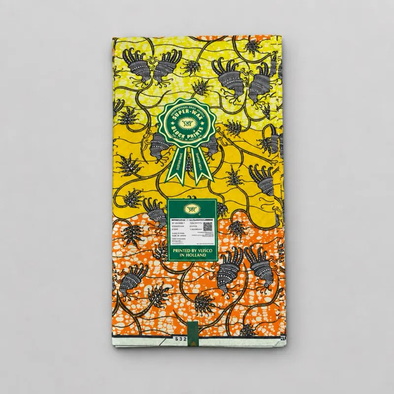 Visco Printed by Visco in Holland - Yellow and Orange Patterned Fabric with Green Label and QR Code