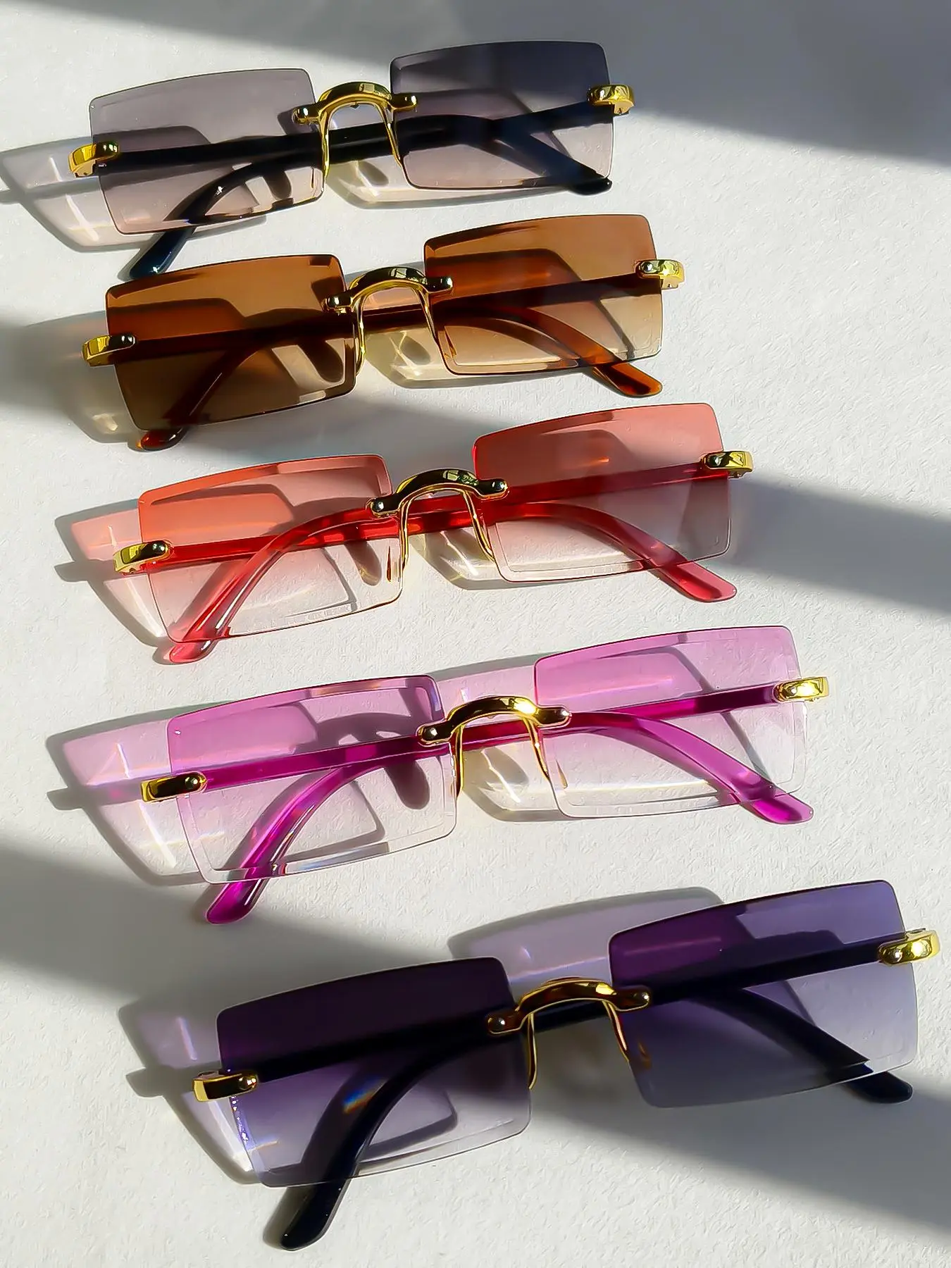Unisex Summer Vintage Rimless Sunglasses (5 Pairs), Trendy Ombre Color Sunglasses, Fashionable Versatile Accessories for Driving & Daily Use, Stylish Glasses, Bold Rectangle Shades, Street Style Shades