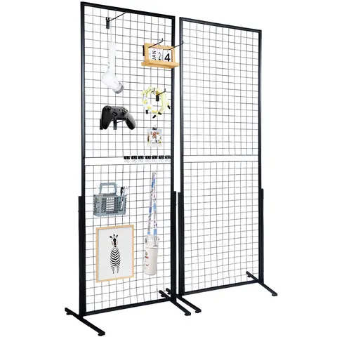 【toolupgrade】VEVOR 2-Pack Metal Grid Wall Panel Organiser Set, 1.9×5.4 ft Hangable Durable Wire Rack with Wheels & 20 Hooks - Movable Black Divider Grid for Easy Installation, Retail Markets, Room Decor Decoration, Flexible Configuration