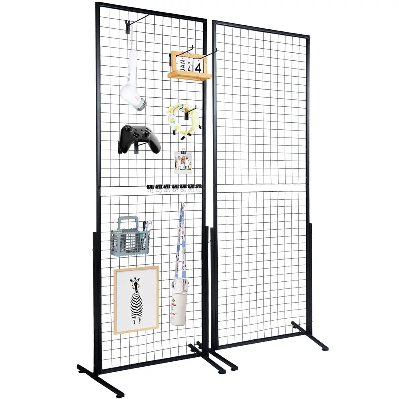 【toolupgrade】VEVOR 2-Pack Metal Grid Wall Panel Organiser Set, 1.9×5.4 ft Hangable Durable Wire Rack with Wheels & 20 Hooks - Movable Black Divider Grid for Easy Installation, Retail Markets, Room Decor Decoration, Flexible Configuration