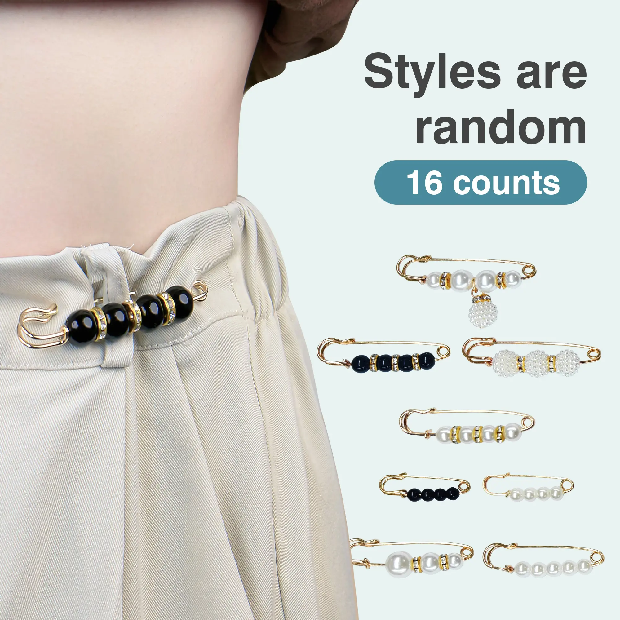 16 Counts Pearl Brooch Pins, Clothing Dresses Decoration, No Sewing Sweater Shawl Safety Pins Cardigan Collar Safety Pins for Women Faux Pearl Pant Tightener, Mixed Style Assortment