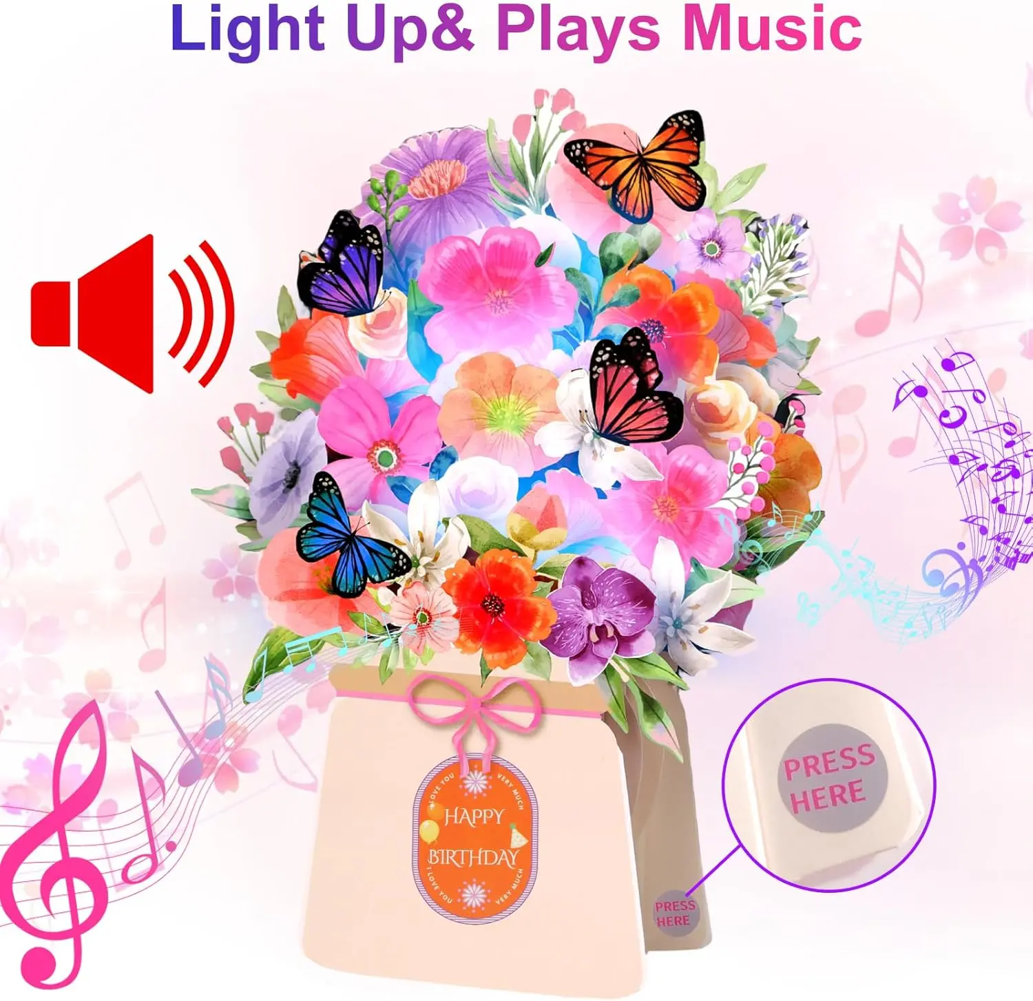 Yinqing Birthday Cards, Light and Music Happy Birthday Card, Lily and Butterflies, 10 Inch Life Sized Forever Flower Bouquet 3D Pop Up Birthday Gift Card for Women Wife Mom Daughter Sister