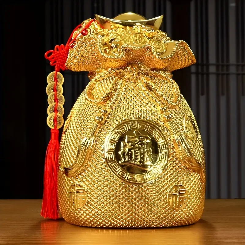 [Resin Golden Wealth Basket] Traditional Chinese Design Resin Golden Wealth Basket Decorative Money Bank | Secure Closure, Red Tassel, Auspicious Prosperity Gift, Cultural Gift Item | Traditional Chinese Patterns for Home Decor, TV Stand, E