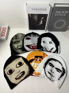 6-Piece Punk Style Knit Beanie Fitted Knitted Hat Set, Dark Cartoon Face Design, Fitted for Outdoor Cycling Parties Daily Wear, All Seasons