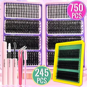 Fluffy Lash Cluster Set, Spiked Lash Clusters 10-20mm Bulk Strips, Adhesive Sealer Tweezers Included, DIY High Quality Eyelashes Extensions Cosmetic Kit