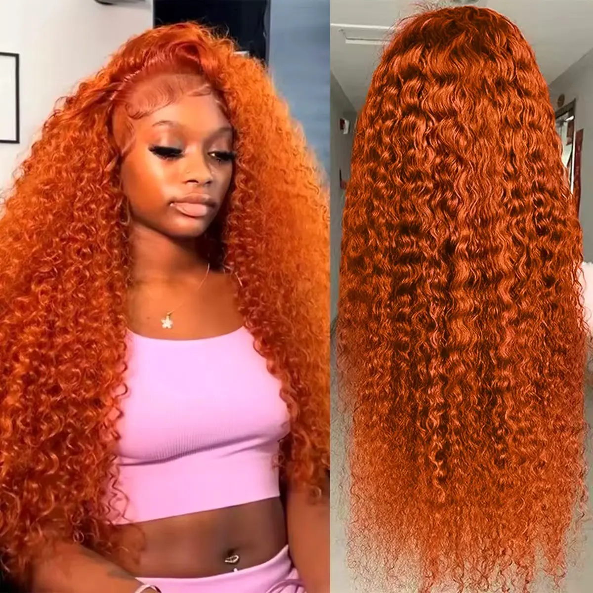 KDMIDUN Female 13x6 Transparent Swiss Lace Front Deep Wave Wig, 100% Brazilian Human Hair, 180% Density Orange Ginger Adjustable Comfortable Fit for Parties, Wigs Human Hair, Human Hair Wigs
