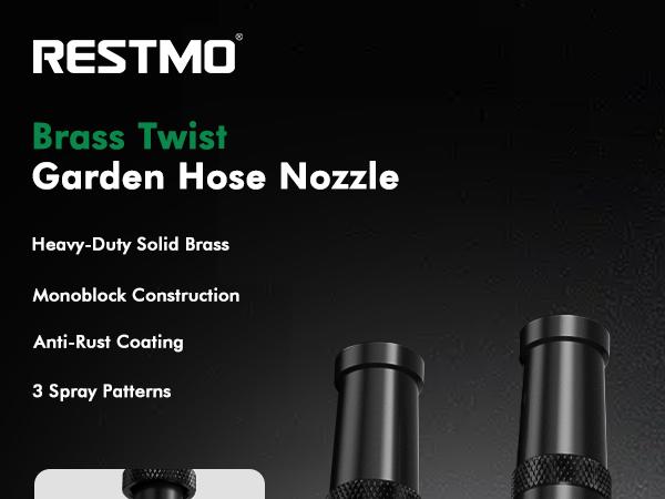 RESTMO 100% Solid Brass Adjustable Twist Hose Nozzle with Anti-Rust Coating, Heavy Duty High Pressure Water Hose Nozzle with 3 Spray Patterns