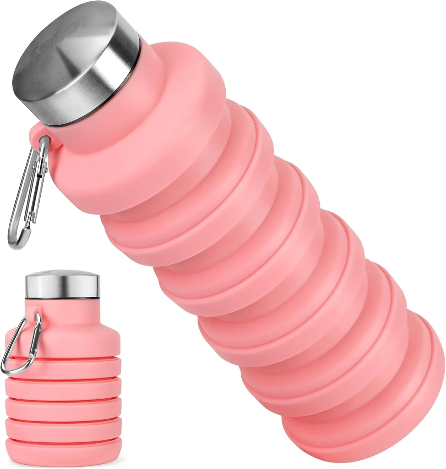 Collapsible Water Bottle, 16oz Portable Reusable Silicone Water Bottle, Leak-Proof Foldable Design with Carabiner, Lightweight Durable for Gym, Travel, Camping, Hiking, Sports-Pink