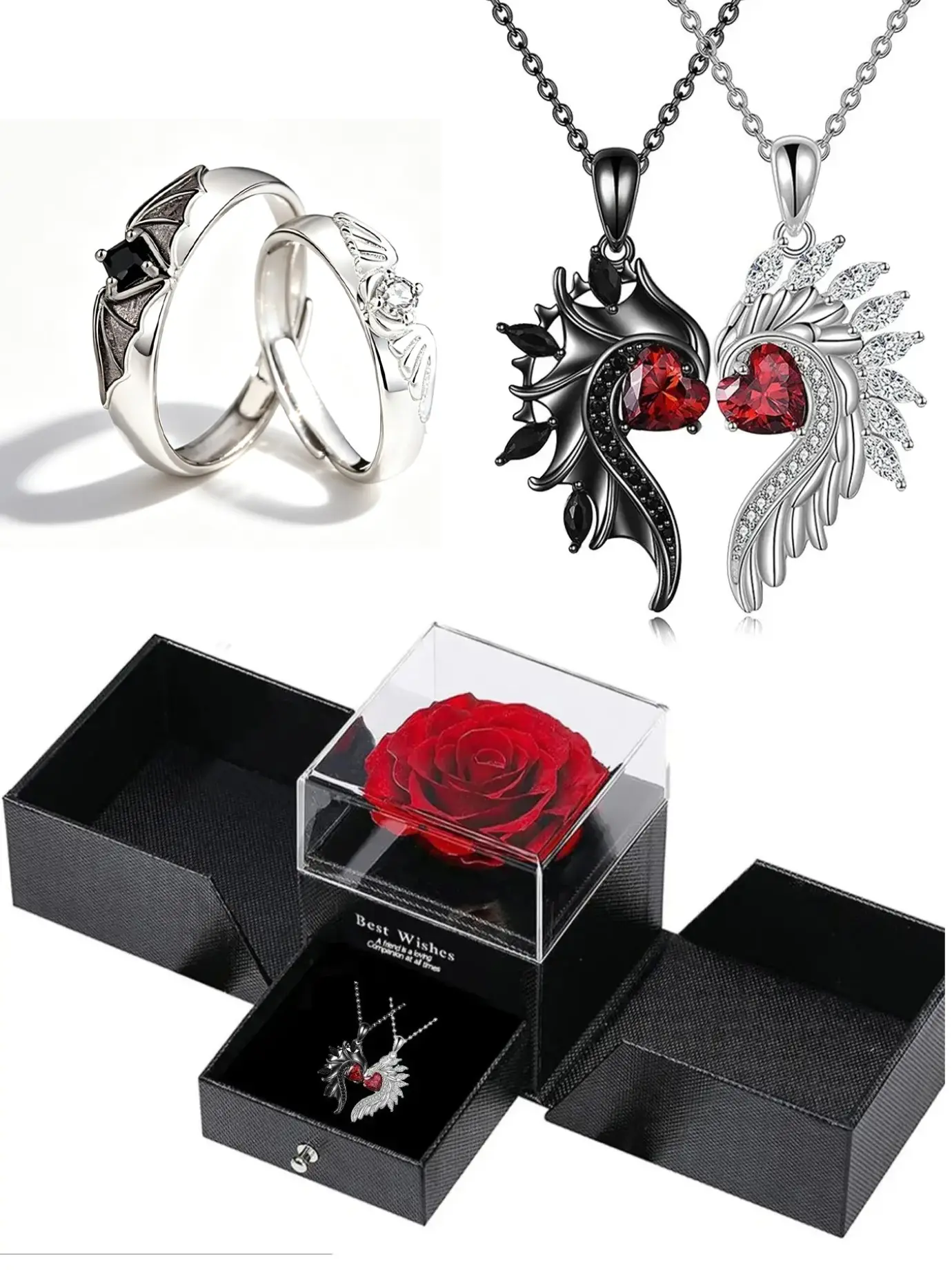 Angel & Devil Couple Promise Rings, Sparkling Rings, Stunning Ring Set, Unisex Zircon Crystal Jewelry, Unique Design, Perfect Gift for Valentine's Day, Christmas, Romantic Present