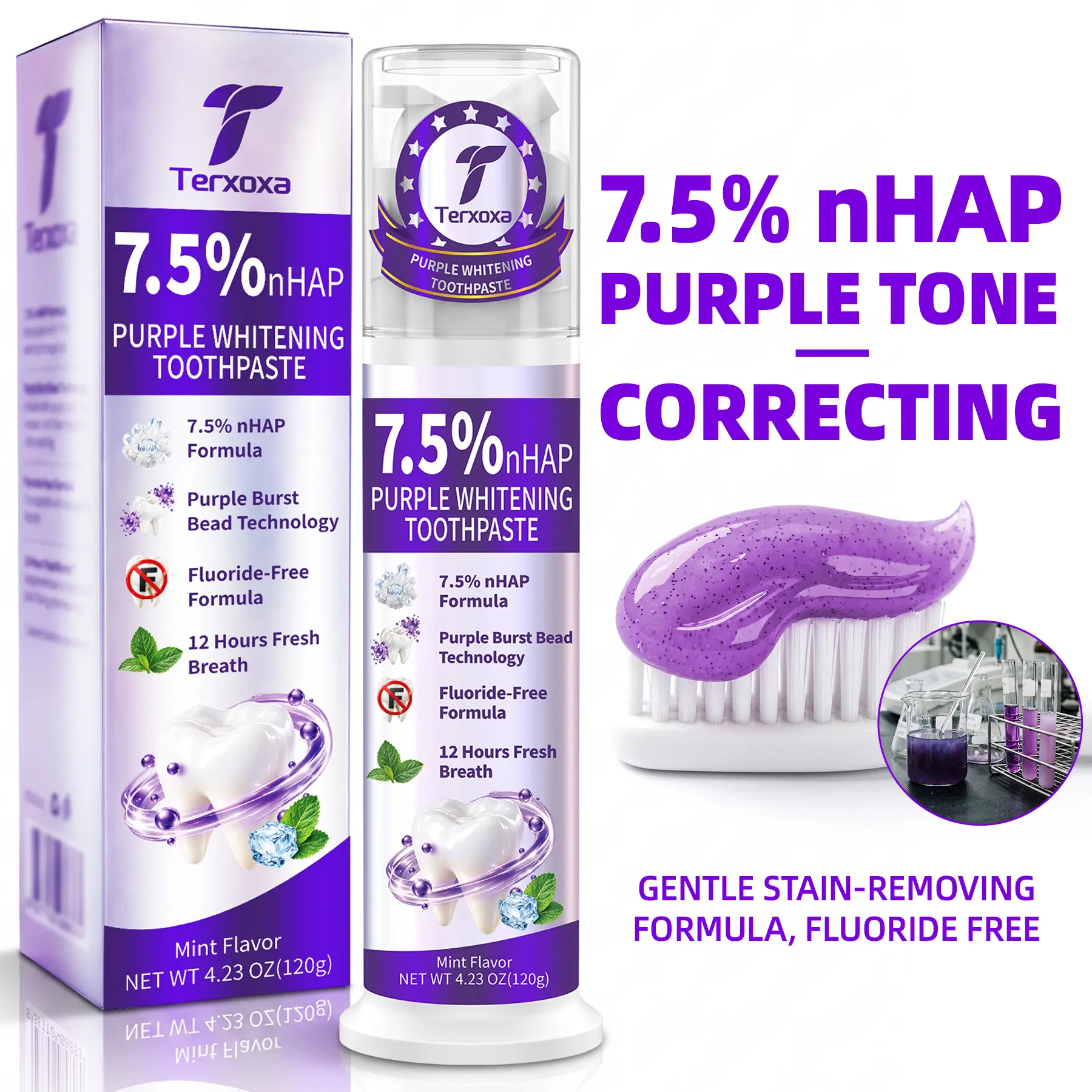Purple Toothpaste，Tooth Stain Concealer, Temporary Brightening Booster，7.5nHAP Toothpaste, Mint Flavor, 12 Hour Long-Lasting Fresh Breath, Pump Head Bottle, 4.23oz, Daily Care Toothpaste