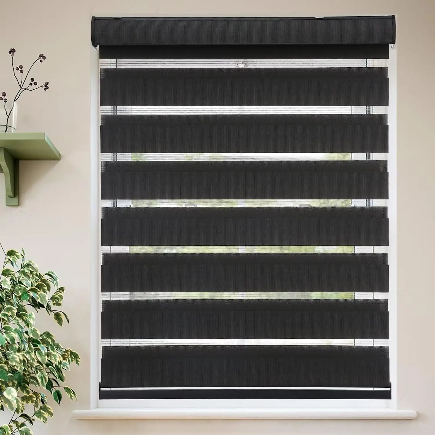 Cordless Zebra Roller Shades Dual Layer Day & Night Light Filtering 26" x 72" Black
