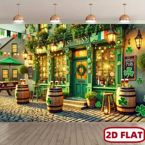 1PC 2D Flat St. Patrick's Day Irish Pub Themed Polyester Backdrop - Reusable Clover Decor Photo Background Banner for Birthday, Festival Party Home Supplies