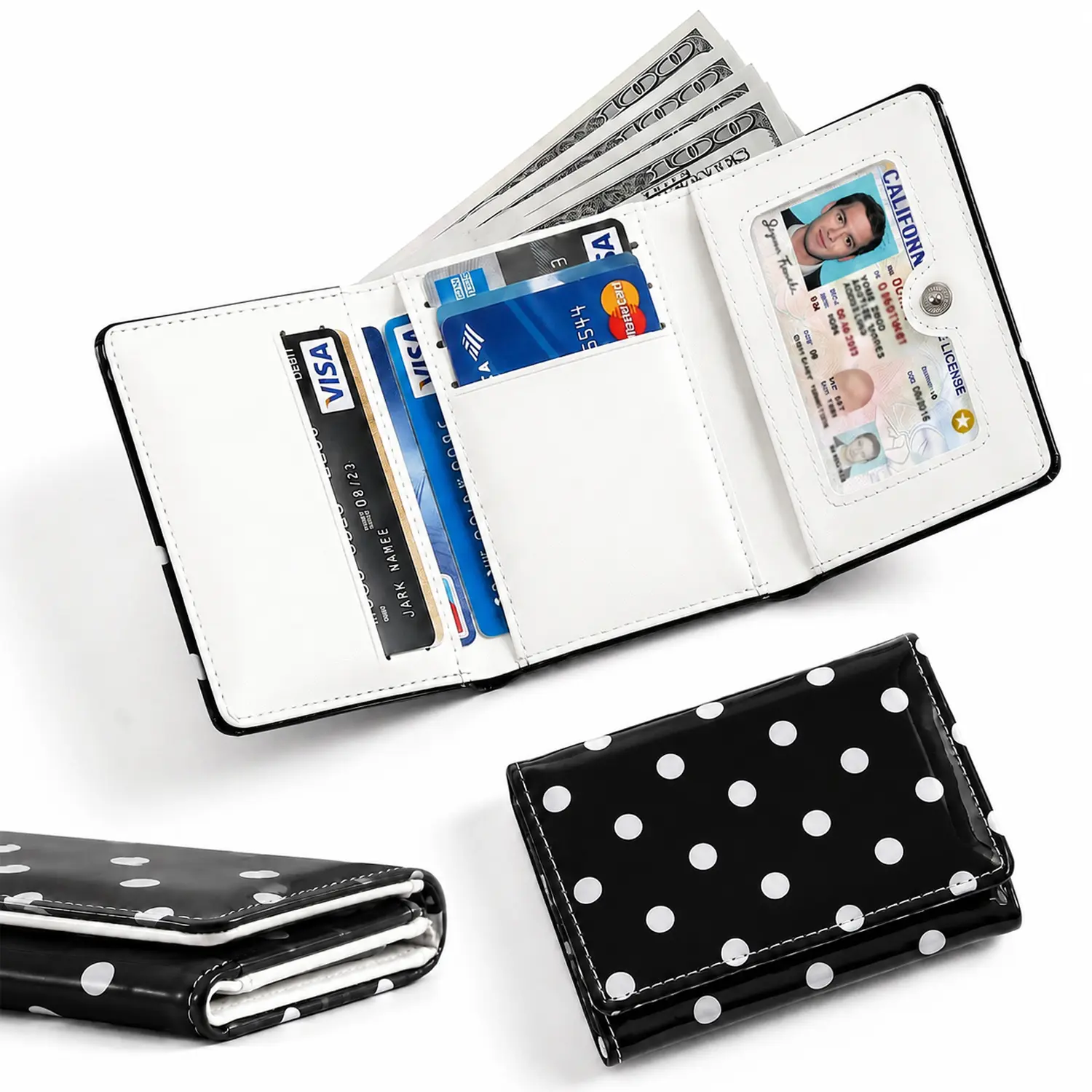 WCOLUE Trifold Wallet for Women, Cute Polka Dot Pattern Credit Card Holder with ID Window, Slim Cash Coins Wallets Purse for Womens
