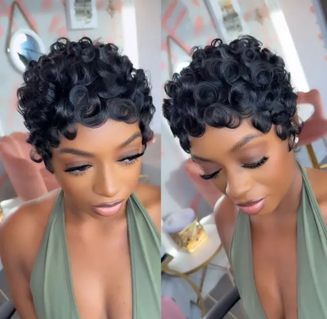 GLOW WIG BEAUTY Pixie Cut Human Hair Wig with Bangs, Glueless Full Machine-Made Brazilian Virgin Human Hair Wig, Layered Style for Black Women, Natural Black Short Human Hair Wig, Summer Limited Edition, Easy to Wear, Ready-to-Go Wig
