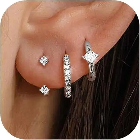 MILACOLATO Women's 3-Pair 925 Sterling Silver Earrings Set - 14K Gold Plated Fashionable Huggie Hoops, Hypoallergenic Cartilage Studs, Lightweight Artificial Zircon Jewelry for Ear Stacking, All Ages Anniversary Summer Gifts