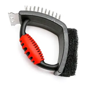 BBQ 3-in-1 Grill Brush, Stainless Copper Wire with Scraper and Scouring Pad Utensils Metal jewelryset Steel Black