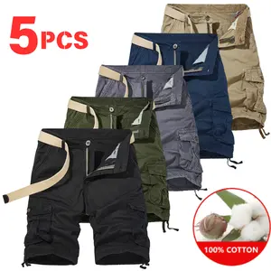 Men’s pure cotton cargo shorts, 4-pack, multiple colors available, skin-friendly breathable fabric, multi-pocket design with belt, loose comfortable fit, suitable for everyday outings, summer vibe.