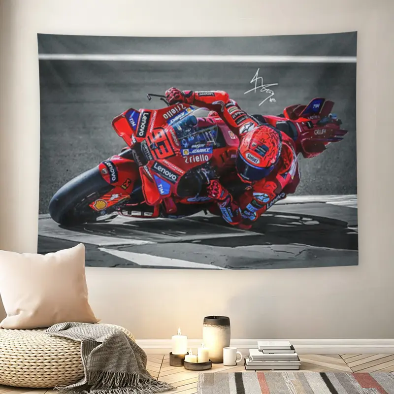 MotoGP Racing Wall Tapestry - Red Ducati Print, Mid-century Modern Black Flash Manga Style, Motorsport Aesthetic, Polyester, Machine Wash, Adult Motorsport Fans, Man Cave Wall Decoration