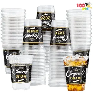 100 Pcs 16oz Graduation Cups Party Plastic Cups, Class of 2026 Graduates Disposable Tableware Set, PET Cup for High School College Graduation School Party Favors Supplies