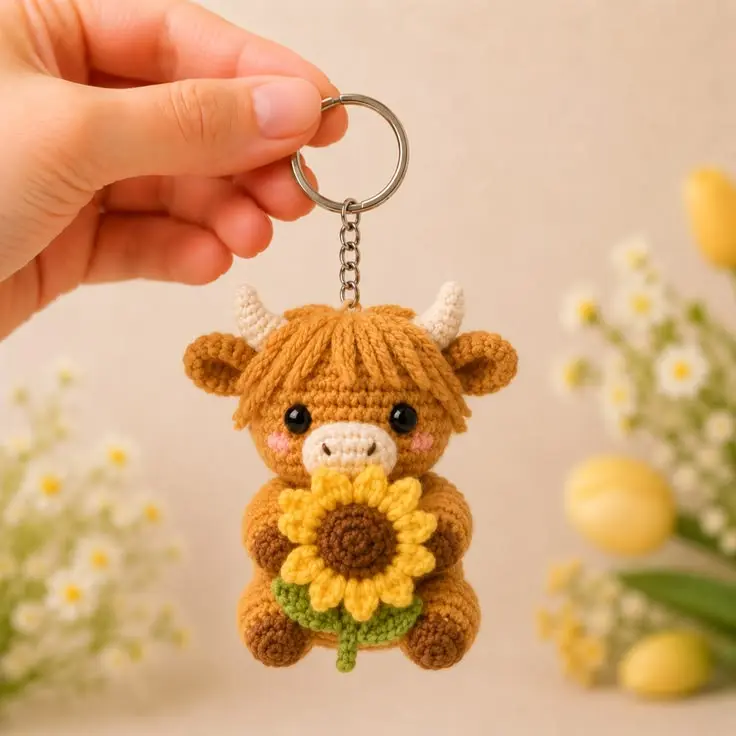 Handmade Crochet Highland Cow Sunflower Keychain – Cute Cow Plush Keychain, Amigurumi Bag Charm, Gift for Cow Lovers