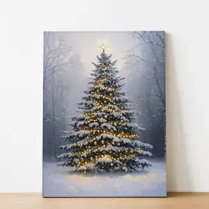 1 Piece Flashing Christmas Tree Canvas Painting, 1 Piece Waterproof Wooden Frame Canvas Painting, Flashing Christmas Tree in the Snowy Forest, Festive Wall Art, 29.97x 39.88cm , Ready to Hang, with Other Fabrics, for Bedroom, Living Room, Hallway Decorati