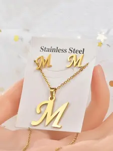 3pcs/set Simple Letter Detail Pendant Necklace & Stud Earrings, Fashion Jewelry Set for Women & Men, Trendy Accessories for Party and Daily Life, Fashionable Jewelry Set