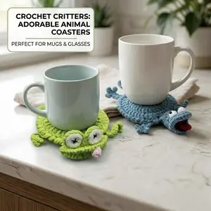Handmade Crochet Critters Animal Coasters, Adorable Frog Set for Mugs & Glasses, Cute Kitchen Tabletop Decor