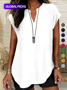 Women's Plain Notched Neck Fitted Blouse, Shirts, Casual Fashion Fitted Classy Elegant Minimalist Basic Top for Summer, Ladies Clothes for Daily Wear, Womenswear