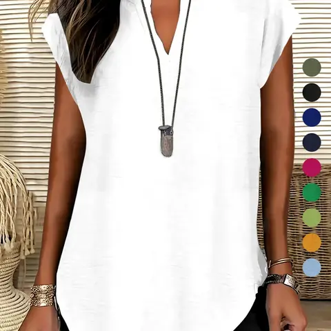 Women's Plain Notched Neck Fitted Blouse, Shirts, Casual Fashion Fitted Classy Elegant Minimalist Basic Top for Summer, Ladies Clothes for Daily Wear, casual comfy classy, Blouses Shirts Tops, Womenswear #GLOBAL PICKS
