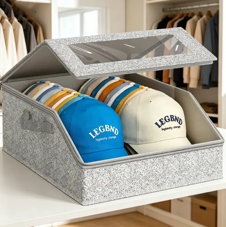 Cardboard Hat Storage Box - Durable Classic Collapsible Trapezoid Organiser with Zipper Lid, Dustproof Easy Access Flexible Foldable Box Organiser Bin for Bedroom Closet, Wide Grey, Fits 20+ Baseball Caps