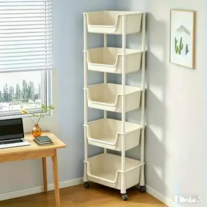 4/5-Tier Plastic Wheeled Rolling Storage Cart with Slide, Multi-Functional Space-Saving Organizer for Kitchen, Hall, Home Office