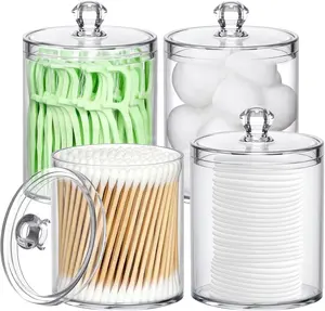 4 Pack Plastic Acrylic Bathroom Vanity Countertop Canister Jars with Storage Lid, Apothecary Jars Qtip Holder Makeup Organizer for Cotton Balls,Swabs,Pads,Bath Salts