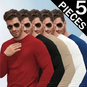 5-piece set of men's long-sleeved shirts, round-neck thermal underwear tops, casual wear