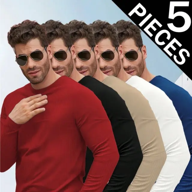 Men's 5-Piece Thermal Underwear Tops Set - Menswear Long Sleeve Round Neck Casual Shirts