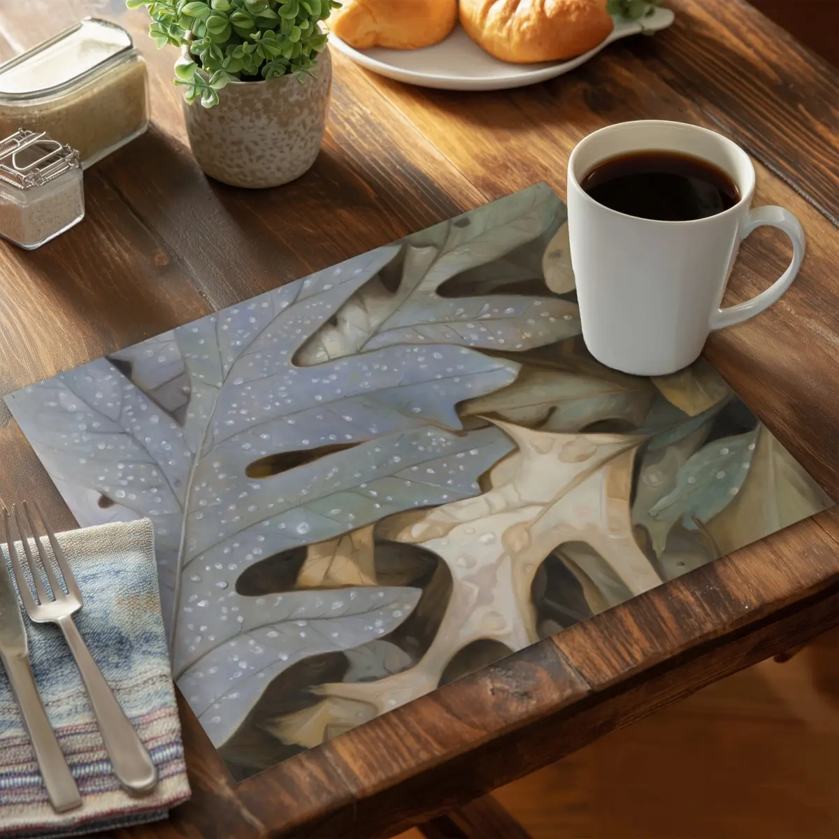 6-Piece Vibrant Rectangle Polyester Placemat & Coaster Set - 14x18in, 360-Degree Rotatable Stand, Lightweight Autumn Leaves Design, Durable Indoor Decor for Casual Meals & Fall Enthusiasts