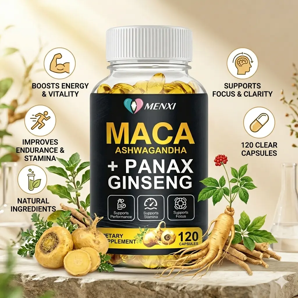 Vegan 3-in-1 Herbal Mix Botanical Dietary Supplement Stack - 10,000mg Maca, Ashwagandha, Panax Ginseng for Energy Boost (120 Capsules, Natural Herbs, No Harmful Additives, US Prop 65 Safe)
